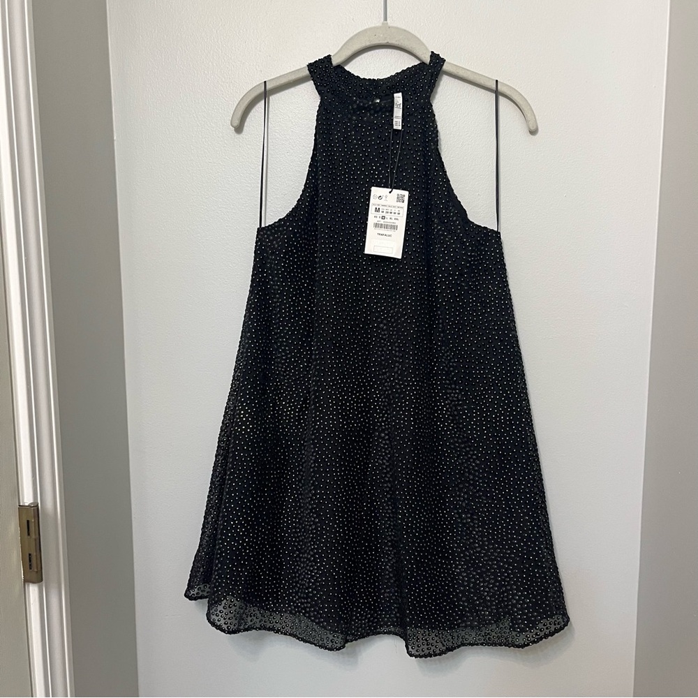 Zara‎ Trafaluc Black Sleeveless Halter Mini Dress "Shimmering Gold" Medium NWT